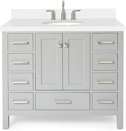 ARIEL Cambridge 42-inch Bathroom Vanity with Sink,Solid Wood, 1.5-inch Pure White Quartz Countertop & Backsplash, Single Oval Porcelain Sink, 2 Soft Closing Doors, 9 Dovetail Drawers, Grey