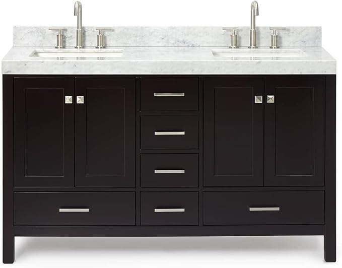ARIEL Cambridge 60-inch Bathroom Vanity with Sink,Solid Wood, 2-inch Italian Carrara Marble Countertop, Double Rectangular Porcelain Sink, 4 Soft Closing Doors, 6 Dovetail Drawers, Espresso
