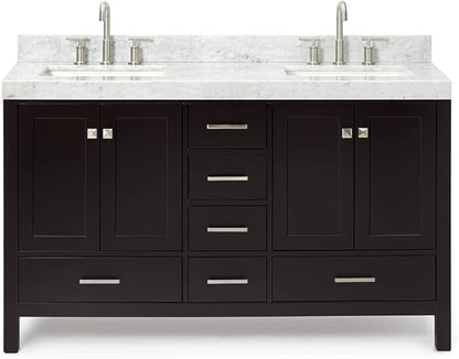 ARIEL Cambridge 60-inch Bathroom Vanity with Sink,Solid Wood, 2-inch Italian Carrara Marble Countertop, Double Rectangular Porcelain Sink, 4 Soft Closing Doors, 6 Dovetail Drawers, Espresso