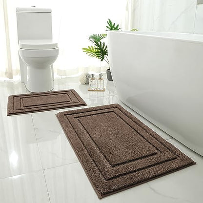 HOMEIDEAS Bathroom Rugs Sets 2 Piece, Super Soft and Absorbent Non Slip Microfiber Machine Washable Bath Mat Set (20" x 32" + 16" x 24", Brown)