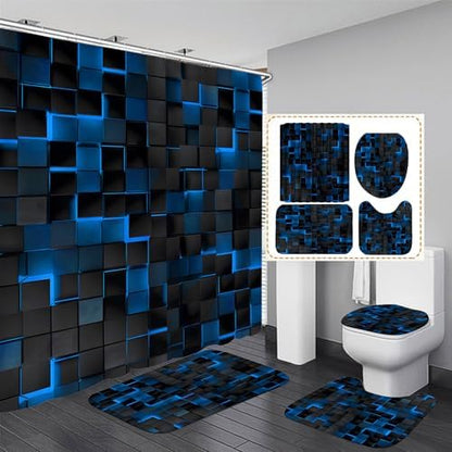 LQCOOL 4Pcs Shower Curtain Set with Rugs, Modern Bathroom Set Black Blue
