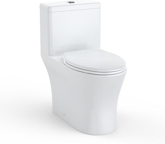 One Piece Toilet with ADA Height, Ceramic Design, Soft Closing PP Toilet Cover, Easy Clean Surface, Water Efficient Flush, Compact Durable Build