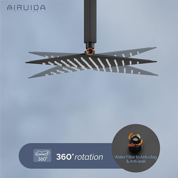 Airuida 10 Inch Matte Black Shower Faucet Set,Rainfall Shower System | Ceiling Shower Head,Male Thread Rough-in Valve,Ceiling Mount,Single Handle