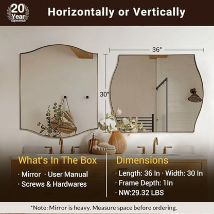 ANDY STAR Rectangle Scalloped Mirror, 30"x36" Brushed Gold Bathroom Mirror in SUS304 Stainless Steel Metal Frame, Brass Vanity Mirror with Unique Arched Top Design