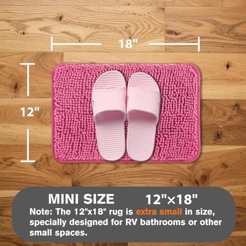 Small Bathroom Rug 12"x18" – Washable and Absorbent Bath Mat, Non Slip, Thick Soft Chenille Bath Rugs for Bathroom, Shower, Sink, Dog mat(Hot Pink)