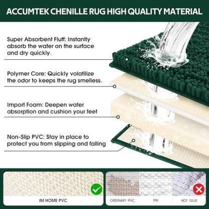 ACCUMTEK Upgrade Luxury 2 Piece Deep Green Toilet Bathroom Rug Mat 32"x20"+24"x17", Ultra Soft Thick Absorbent Bath Mats, Non Slip Chenille Toilet Mat for Bathroom, Bedroom, Kitchen, Shower, Tub