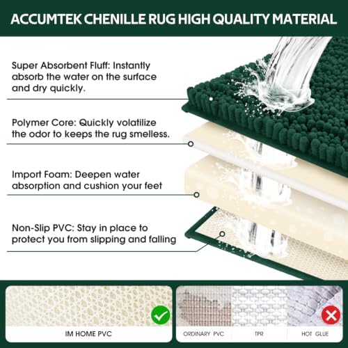 ACCUMTEK Upgrade Extra Large Deep Green Bathroom Rug Set 3 Pieces Ultra Soft, Thick Absorbent Bath Mats, Non Slip Chenille Toilet Mat for Bathroom, Bedroom, Kitchen