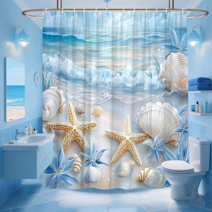 Beach Starfish Shower Curtain Sea Waves Seacoast Scenery with Sand with Various Seashells Scallop Conch Tropics Seaside Summer Coastal Ocean Theme Decorative Curtain with Polyester Fabric