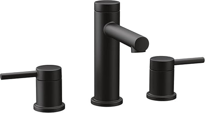 Moen Two Handle Widespread Contemporary Modern Matte Black Bathroom Sink Faucet with Drain Kit Perfect for Countertop and Wide Spread Bath Setup, T6193BL