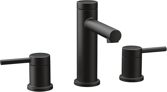 Moen Two Handle Widespread Contemporary Modern Matte Black Bathroom Sink Faucet with Drain Kit Perfect for Countertop and Wide Spread Bath Setup, T6193BL