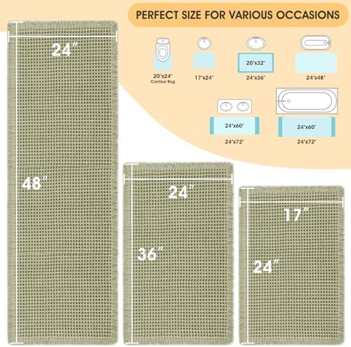 IM HOME Waffle Bath Mat Set 3 Piece Green,Woven Modern Bath Rug Mats, Absorbent Non Slip Bath Floor Mat, Soft Washable Boho Bath Rugs with Tassels for Bathroom, Bedroom, Kitchen, Tub