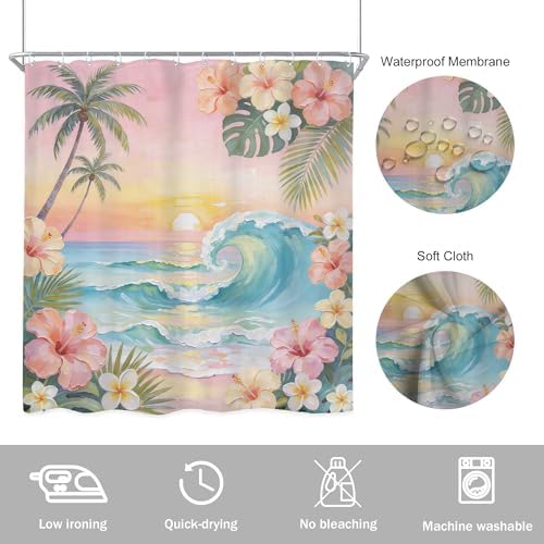 Ocean Coastal Pink Floral Palm Leaves Flower Bathroom Shower Curtain Set