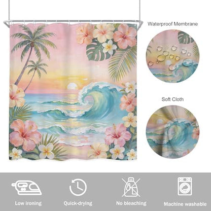 Ocean Coastal Pink Floral Palm Leaves Flower Bathroom Shower Curtain Set
