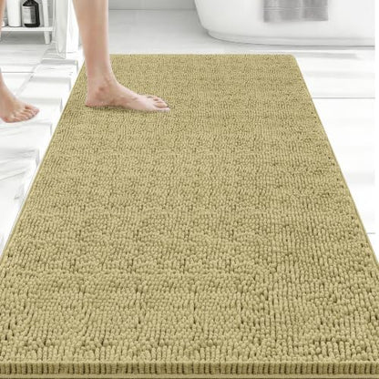 Bcoimo Bath Rug Mat,Beige Chenille High Absorbent Long Bathroom Runner Rugs