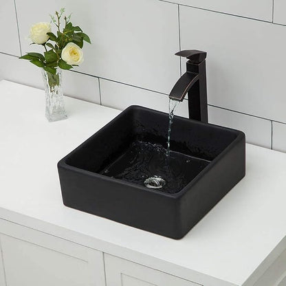 Logmey 15 Inch Black Bathroom Vessel Sink 15"x15" Square Small Vessel Sink for Bathroom Sink Above Counter Porcelain Ceramic Vanity Art Countertop Sink