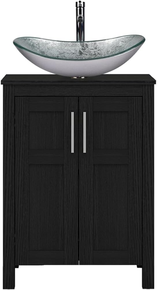 YOURLITE 24" Bathroom Vanity with Sink, White Bathroom Vanity and Sink Combo with Faucet & Pop Up Drain Set,Traditional Vanity with Blue Glass Boat Bathroom Sink