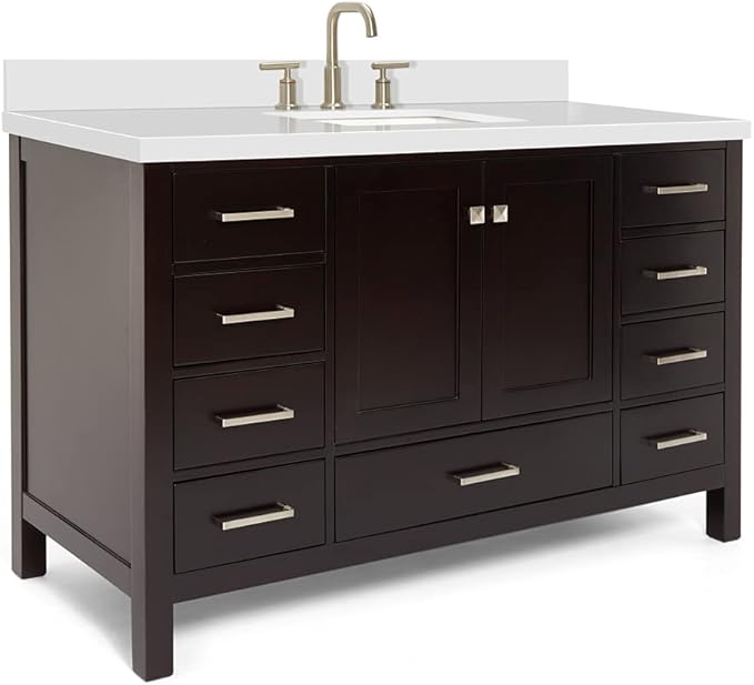 ARIEL Cambridge 54-inch Bathroom Vanity with Sink,Solid Wood, 1.5-inch Pure White Quartz Countertop, Single Rectangular Porcelain Sink, 2 Soft Closing Doors, 9 Dovetail Drawers, Espresso