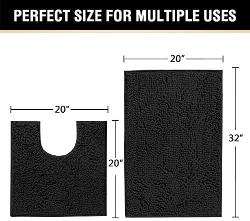 H.VERSAILTEX Original Luxury Chenille Bathroom Rug Mat (32" x 20"/20" x 20"), Extra Soft & Absorbent Shaggy Rugs, Machine Wash/Dry, Perfect Plush Carpet Mats for Tub (Curved Set, Black)