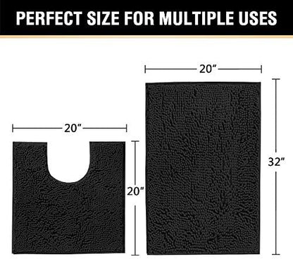 H.VERSAILTEX Original Luxury Chenille Bathroom Rug Mat (32" x 20"/20" x 20"), Extra Soft & Absorbent Shaggy Rugs, Machine Wash/Dry, Perfect Plush Carpet Mats for Tub (Curved Set, Black)