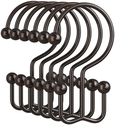 Amazer Bronze Shower Curtain Hooks, 12PCS Minimalist Simple Double Shower Curtain Rings, Rust-Resistant Metal Shower Hooks Shower Curtain Hangers, Shower Rings for Bathroom Shower Rods Curtains