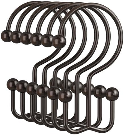 Amazer Bronze Shower Curtain Hooks, 12PCS Minimalist Simple Double Shower Curtain Rings, Rust-Resistant Metal Shower Hooks Shower Curtain Hangers, Shower Rings for Bathroom Shower Rods Curtains