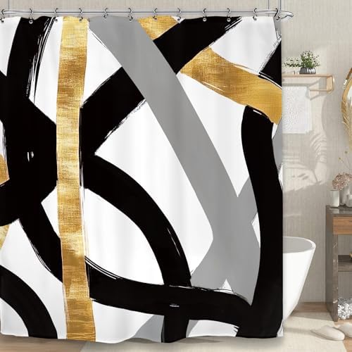 Abstract Modern Shower Curtain 60Wx72L Inch Black Gray Gold Minimalist Contemporary Art Geometric Neutral Bathroom Set Accessories Decor with 12 Pack Hooks