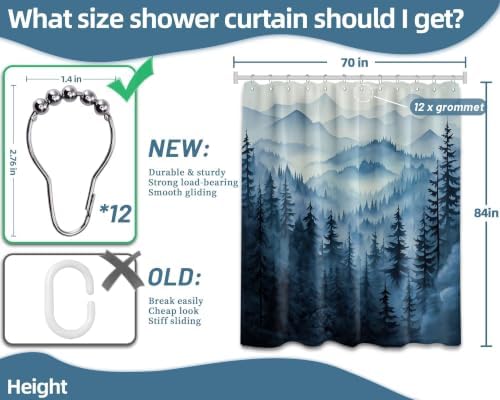 Navy Blue Forest Extra Long Shower Curtain, Tall 72X84 in, Mountain