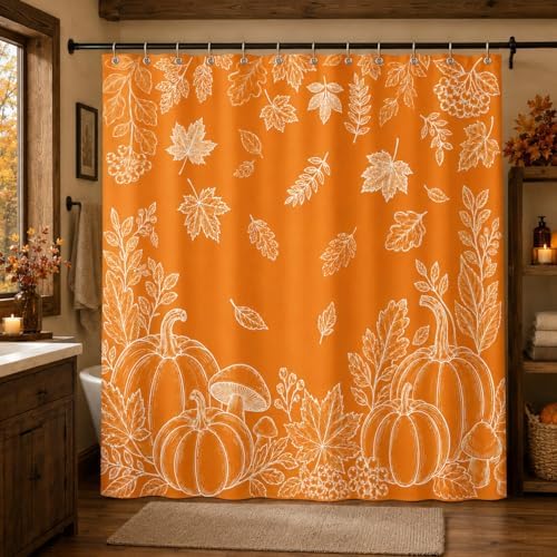 Fall Shower Curtain, Orange Pumpkin Maple Leaves Botanical Line Art Bathroom Curtain, Autumn Harvest Farmhouse Waterproof Polyester Fabric Shower Curtain with Hooks, 72x72 Inch
