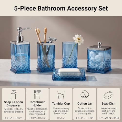JKE Bathroom Accessories Set, 5-Pack Vintage Thick Glass Soap Dispenser and Toothbrush Holder Set for Bathroom Counter, Blue