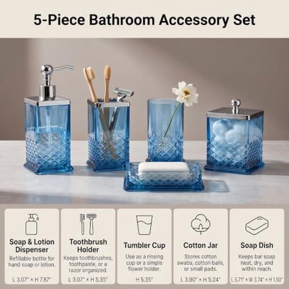 JKE Bathroom Accessories Set, 5-Pack Vintage Thick Glass Soap Dispenser and Toothbrush Holder Set for Bathroom Counter, Blue