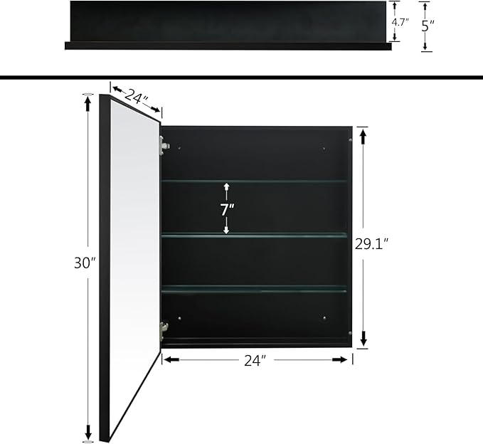 24”x30” Medicine Cabinet with Aluminum Frame,Surface or Recessed Medicine Cabinet Mirror for Bathroom,Bathroom Mirror with Storage,Black