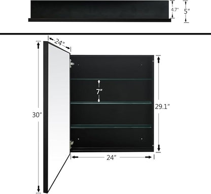 24”x30” Medicine Cabinet with Aluminum Frame,Surface or Recessed Medicine Cabinet Mirror for Bathroom,Bathroom Mirror with Storage,Black