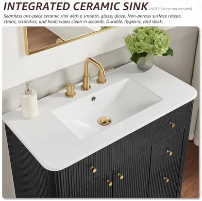 T4TREAM 72" Fluted Bathroom Vanity with 2 Single Sinks, Black Oak
