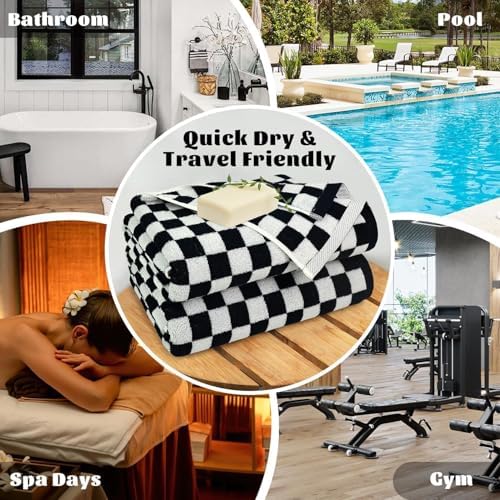 Jacquotha Black and White Checkered Cotton Bath Towels Set of 2