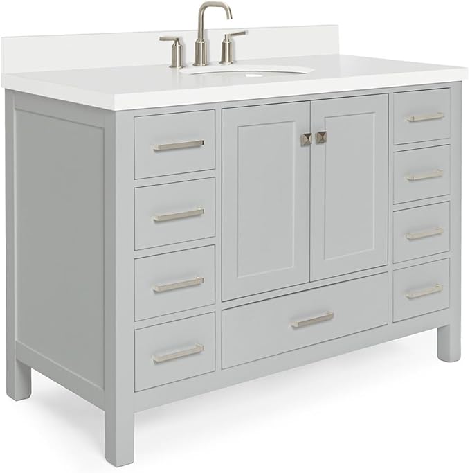 ARIEL Cambridge 48-inch Bathroom Vanity with Sink,Solid Wood, 1.5-inch Pure White Quartz Countertop & Backsplash, Single Oval Porcelain Sink, 2 Soft Closing Doors, 9 Dovetail Drawers, Grey
