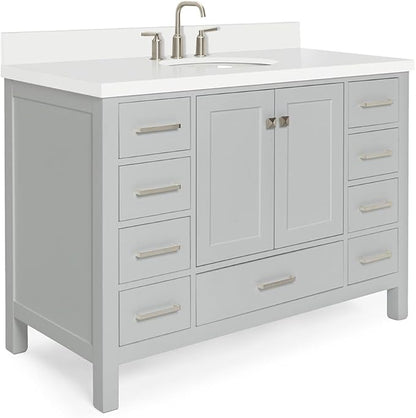 ARIEL Cambridge 48-inch Bathroom Vanity with Sink,Solid Wood, 1.5-inch Pure White Quartz Countertop & Backsplash, Single Oval Porcelain Sink, 2 Soft Closing Doors, 9 Dovetail Drawers, Grey