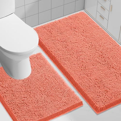 Smiry Chenille Bathroom Rugs Sets 2 Piece (30x20+ U Shape 24x20, Coral)