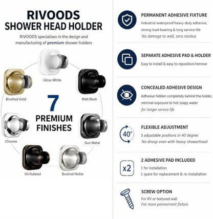 Handheld Shower Head Holder - 5 Positions Adjustable - Concealed Adhesive Mount with Screw Option- Bathroom Wall Mount Shower Hose Holder (Matte Black)