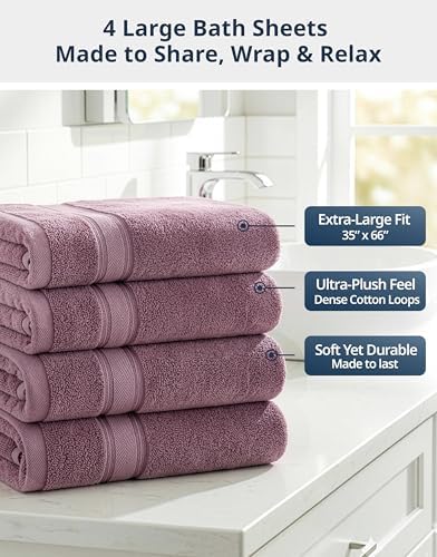 LANE LINEN Bath Sheet Set Quick Dry 100% Cotton 4 Pack Soft - Wishful Mauve