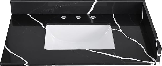36 in. W x 22 in D Quartz Vanity Top in Black Marquina,with One Sidesplash & One Backsplash, Vanity Sink Top with Assembled Single Drop-in Sink, Pre-Drilled 8 Inch Faucet Hole Countertop