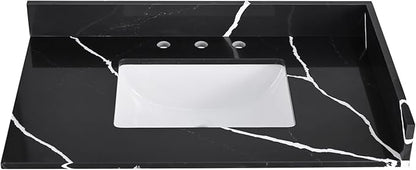 36 in. W x 22 in D Quartz Vanity Top in Black Marquina,with One Sidesplash & One Backsplash, Vanity Sink Top with Assembled Single Drop-in Sink, Pre-Drilled 8 Inch Faucet Hole Countertop