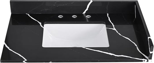 36 in. W x 22 in D Quartz Vanity Top in Black Marquina,with One Sidesplash & One Backsplash, Vanity Sink Top with Assembled Single Drop-in Sink, Pre-Drilled 8 Inch Faucet Hole Countertop