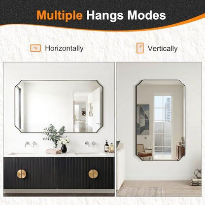 Delma Bathroom Vanity Mirror, Black Framed Aluminum Bathroom Mirror for Over Sink, Scalloped Round Corner Wall Mirror, High-Definition Vanity Mirror, Hangs Horizontally or Vertically (30x50,Black)