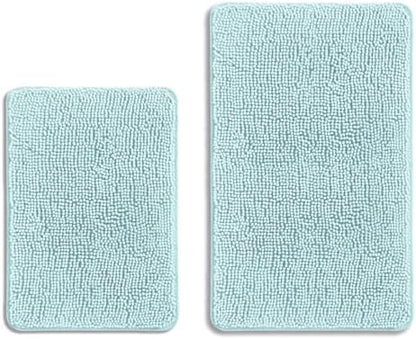 Aqua Bathroom Rugs Sets 2 Piece – Absorbent and Washable Bath Mat, Non-Slip, Thick Soft Chenille Bath Rugs for Bathroom Floor, Shower, Sink - 17" x 24"+20" x 32"