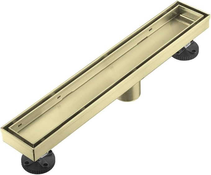 Linear Shower Floor Drain, Brushed Gold 12 Inch 304 Stainless Steel Bathroom Drains Kit, Rectangular Shower Trench Drain with Reversable Tile-in Pattern Drain Cover & Hair Catcher
