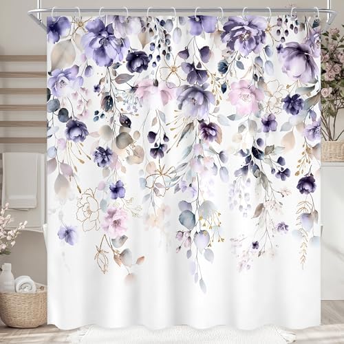 Floral Purple Pink Leaf Rustic Girly Bathroom Shower Curtain Set
