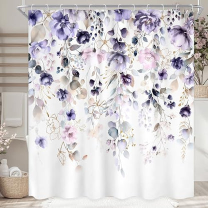Floral Purple Pink Leaf Rustic Girly Bathroom Shower Curtain Set