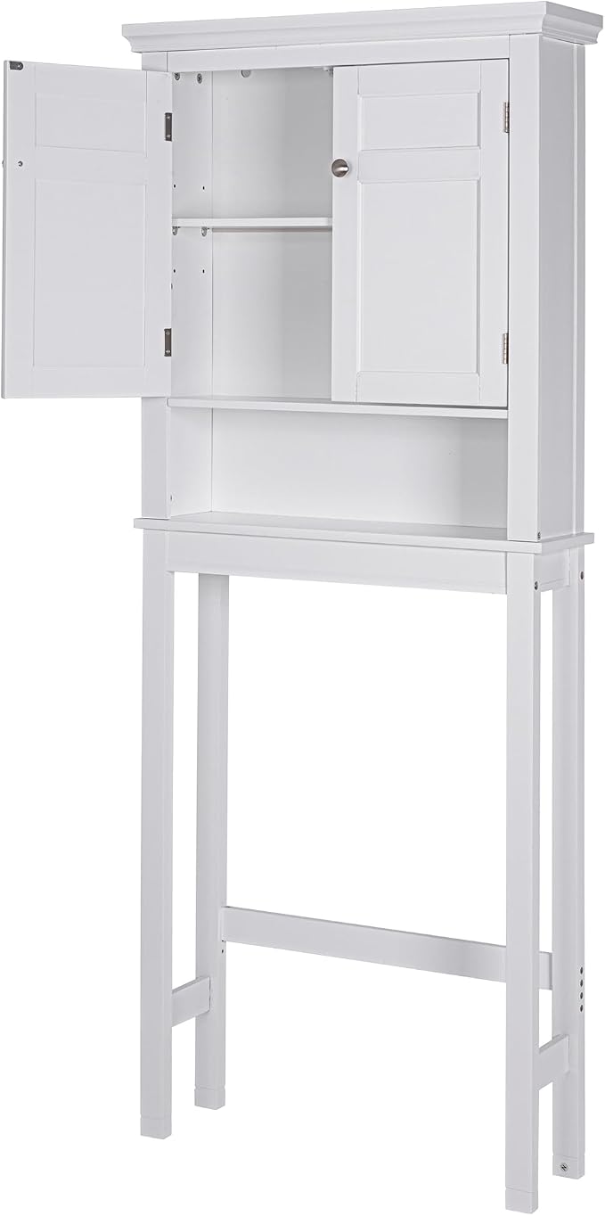 Spirich Over The Toilet Storage Cabinet, White Bathroom Organizer | Shaker Doors, Open & Hidden Storage, Adjustable Interior Shelf, FSC-Certified MDF, Anti-Tip Fitting, Adjustable Crossbar