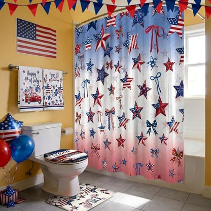 FuWeave 8 Pcs 4th of July & Memorial Day Shower Curtain Set, 250th Anniversary Patriotic Bathroom Decor, White Red Blue Star Flag American Bathroom Set with Towel, Rug, Toilet Lid Cover & 12 Hooks