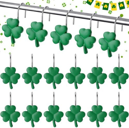 Thyle 12 Pcs St Patrick's Day Shamrock Shower Curtain Hooks, Green Shamrock Resin Ornament Rings Clover Shower Curtain Hooks Irish Decorative for Bathroom Bedroom Accessories